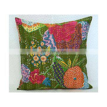 Kantha Cushion Pillow Cover Handmade Embroidery Work Throw 16" Indian floral Printed Home Decorative Traditional ethnic art