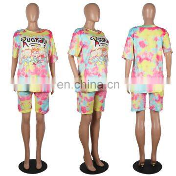 Wholesale Women Tie Dye and Printing 2 Two Piece Bodycon Outfit T Shirt and Short Sets photo-6