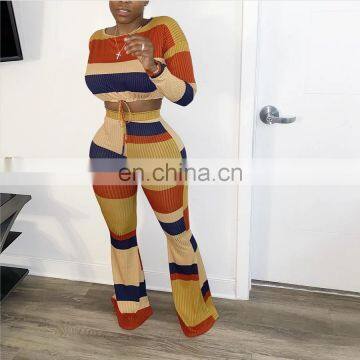 Casual Plus Size Women Outfits Lounge Wear Crop Top Striped Pants Two Piece Set