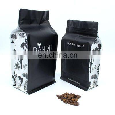 Matte black block bottom 12oz 16oz coffee bags flat bottom pouch tear off ziplock with valve