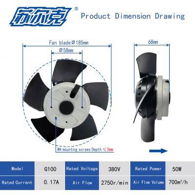 186mm Diameter Round 2500RPM 500CFM 65W 220V 230V Metal Blades Cooling Axial Flow Fan