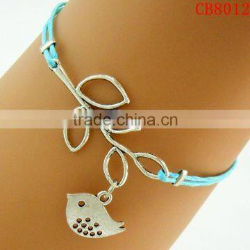 CB8012 Acid blue peace bird leaf weave fancy handmade vintage leather bracelet