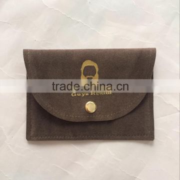 Customized Faux Suede Button Bag,envelope suede jewelry pouch bags with golden logo