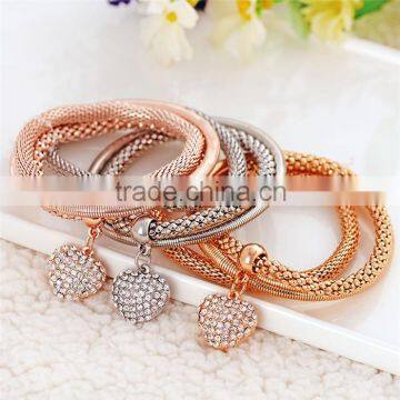 Fashion Gold Rose Gold Plated Rope Zinc Alloy Rhinestone Heart Pendant Charm Bracelet Supplier's Choice photo-6