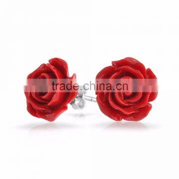 Pure Silver Red Coral Rose Flower Stud Earrings 10mm