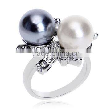 Double Pearl Silver Color Austrian Crystal 18k White Gold Butterfly Rings For Women