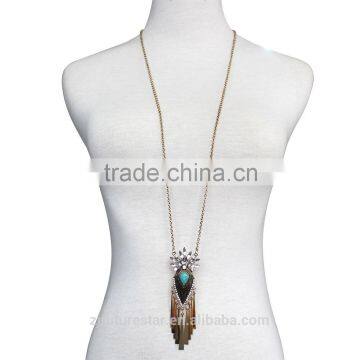 Boho Chic Long Fringe Necklace Rhinestone Turquoise Maxi Collier Argent Boheme Femmes Collar Bohemio Vintage Women's Accessories