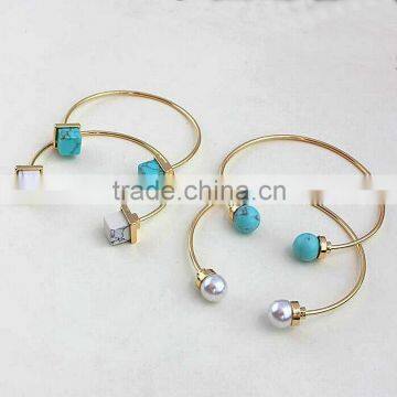 Superb Square Turquoise Ball Pearl Adjustable Cuff Gold Plated Bangles