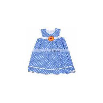 customized children clothing smocking dress sleeveless toddler girls french blue white dots with flowers girls kids apparel