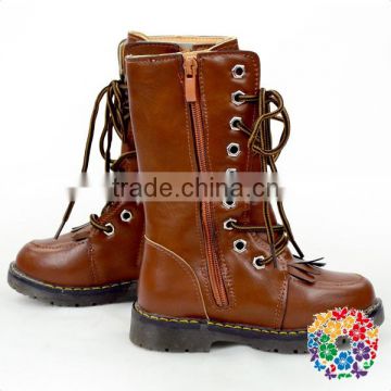 Wholesale Toddler Girls Round Toe Brown Leather Fashion Combat Boots