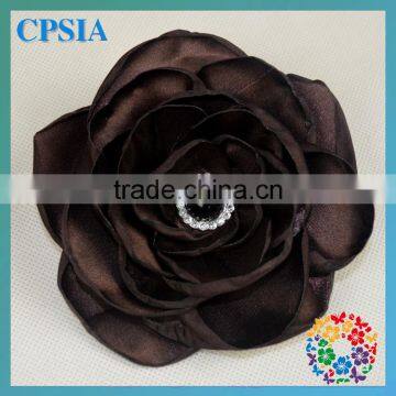 Fashion Flower Wholesale Coffee Satin Ribbon Handmade Artificial Flower With Metal Bead For Dress or Headband Many Colors