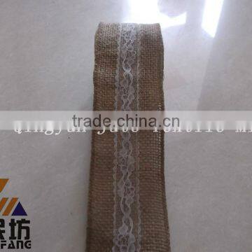 2'' wide *5Y long burlap wire edge ribbon with lace for wedding