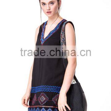 Beaded Embroidery Shift Dress Factory Price Accept Small Order V-neck Sleeveless Dress in Navy Blue Women Dress photo-4