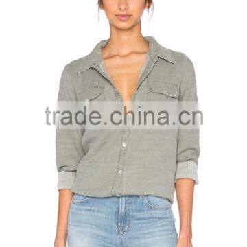 New Style Autumn Women Army Olive Grey Twill Shirt Factory Price