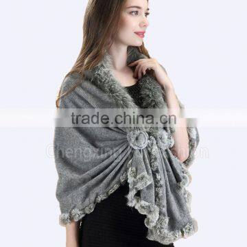 CX-B-P-69C Fox Fur Trim In Stock Multi Style Fashion Pashmina Cashmere Scarf photo-6
