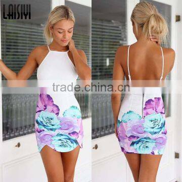 Walson Walson Spring Summer Women Sleeveless Beach Dress Floral Print Short Mini Dress