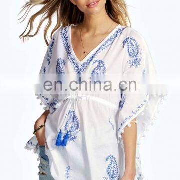 2015 Wholesale EMBROIDERED POM POM TRIM KAFTAN Slim Embroidered Poncho/ Short Kaftan For Women Summer Wear