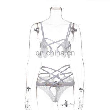 Women Erotic Wine Red Opne Cup Bra Bandage Pants Sexy Woman Cupless Flora Bra Underwear Lingerie Bralett photo-5