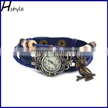 Fashion Women Leather Wrist Watch Bracelet Retro Owl Pendant Weave Wrap Quartz Watch(Blue) WP009