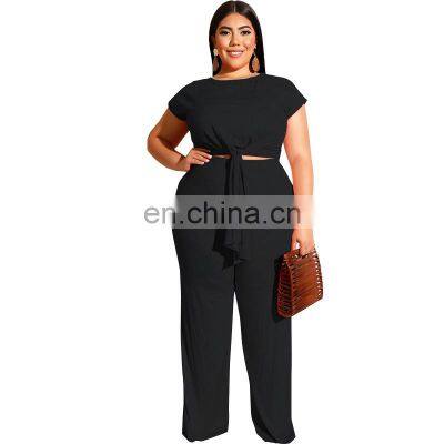 Solid Color Plus Size Short Sleeve Plus Size Two Piece Women Pant Sets New Fashion photo-3