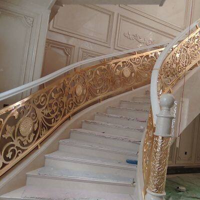 Curved rotating villa stairs European brass engraved sandblasted gold-plated handrails