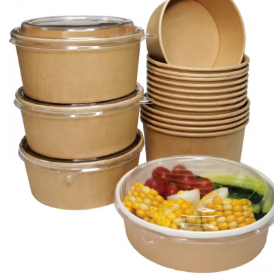 Disposable kraft salad bowl take away kraft paper salad bowl with PET lid