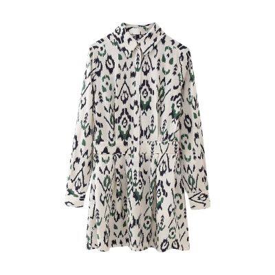 2025 New Fashion Lapel Long-Sleeve Single-Breasted Printed Waist-Hugging Mini Dress photo-4