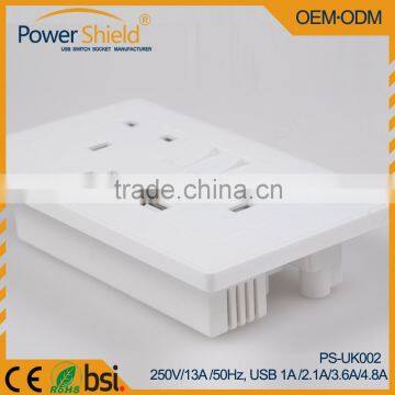 European UK 3 pin Grounded earthed USB wall switch socket with multiple charging port 250V 13A TUV Ce standard
