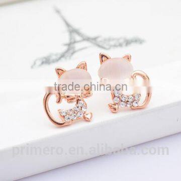 New Pure Gold Plate Cute Kitten Sweet Opal Cat Bowknot Stud Earrings photo-4