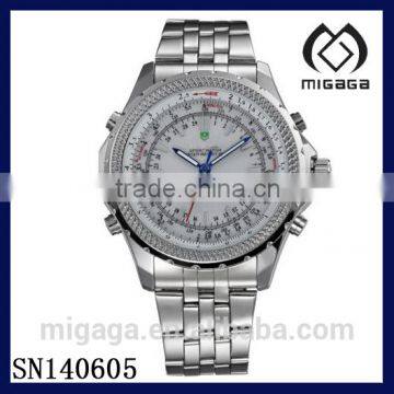 Fashion Sport LED Stainless Steel MEN'S Quartz Battery White dial Silver Watch