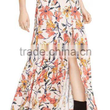 Hot Sell Flower Print Front Split Maxi Skirt Fancy Skirt Top Designs