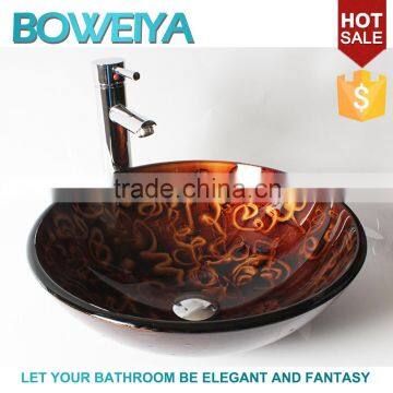 Wholesale Bathroom Sanitary Ware 12mm Thickness Tempered Glass Round Shaped Hand Painted Wash Hand Basin