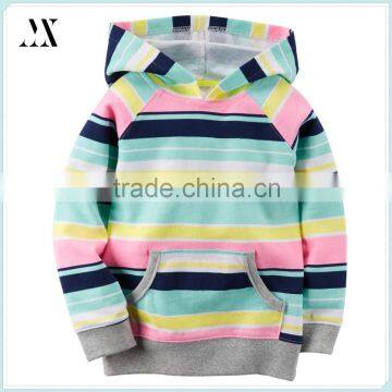 Hot sale all over stripe printed hooded ribbed cuff 100% french terry cotton children girls hoodies