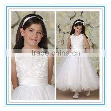 Sleeveless Satin Lace Multi-Layered Ball Gown Tulle Tutu Flower Girl Dress (FLMO-3041)