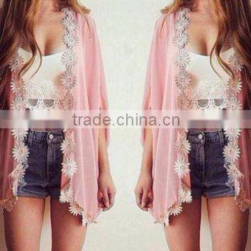 Floral Trim Chiffon Pink Kimono