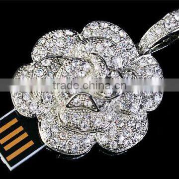 Crystal pendant usb pen drive, usb jewelry rose usb, siliver rose flower shaped usb drive 2.0