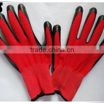 BSSAFETY Black Nitrile Coated Red Nylon Knitted Safety Gloves, Zebra Nitrile Hand Protection Work Gloves