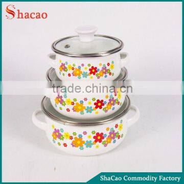 Flowers 3Pcs 12/14/16CM Glass Lid Enamel Pot Sets With Decoration