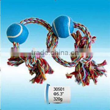 2013 new design colorful cotton pet rope toys, happy pet toy with two knots and balls rope toy