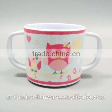 Owl print kids melamine water cup with two handle/melamine children drinking mug