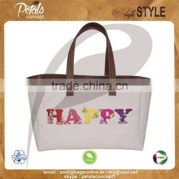 12 OZ natural canvas tote bag with lining & with PU handle & with Magnet button closure with inside zip pocket