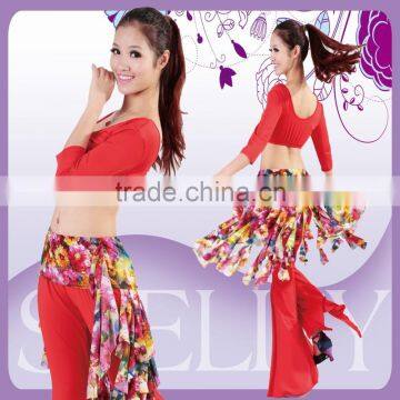 High quality ladies red top and pants belly dance practice wear with floral fringe