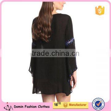 Women's Embroidered Detail Loose Fit Sheer Fabric Long Sleeve Tunic Dress photo-2