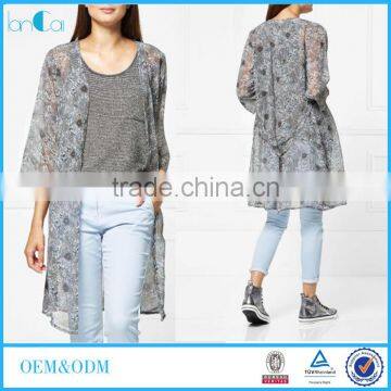 2017 High Quality Summer Flower Print Grey Coat Long Sleeve Casual Clothing For Women