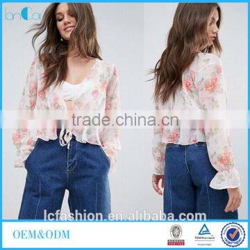 OEM Service supply type women sexy tops and blouses floral print plunge blouse