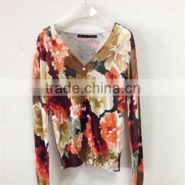 Women's V-neck no hand feeling reactive printing cardigan sweater