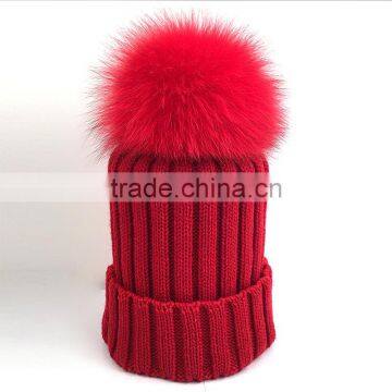 Myfur Teen Girls Winter Wool Hats With Large Real Fox Fur Pom Poms