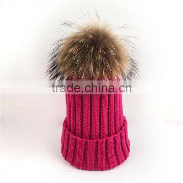 Myfur Wholesale Women Crochet Wool Acrylic Knit Beanie with Natural Color Raccoon Fur Pom Pom