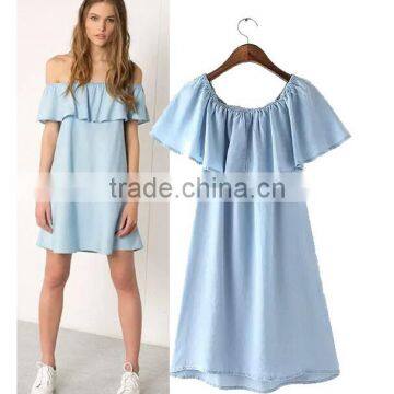 EY0565A 2015 New Style Women Falbala pure color easy cowboy dress