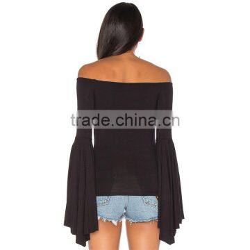 100% Rayon Solid Color Black Bell Sleeve off Shoulder Bardot Top photo-4